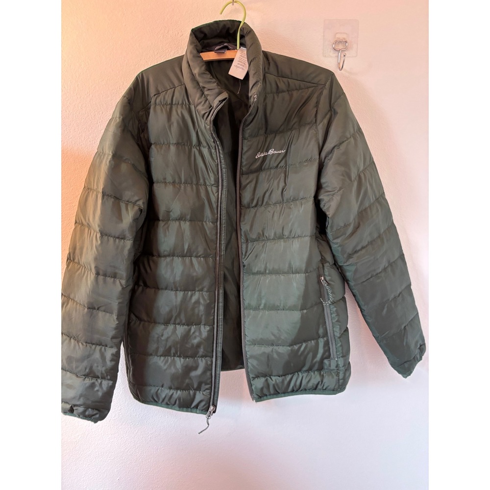 Eddie Bauer Mens Down Puffer Jacket Forest Green Quilted Full Zip Coat Small